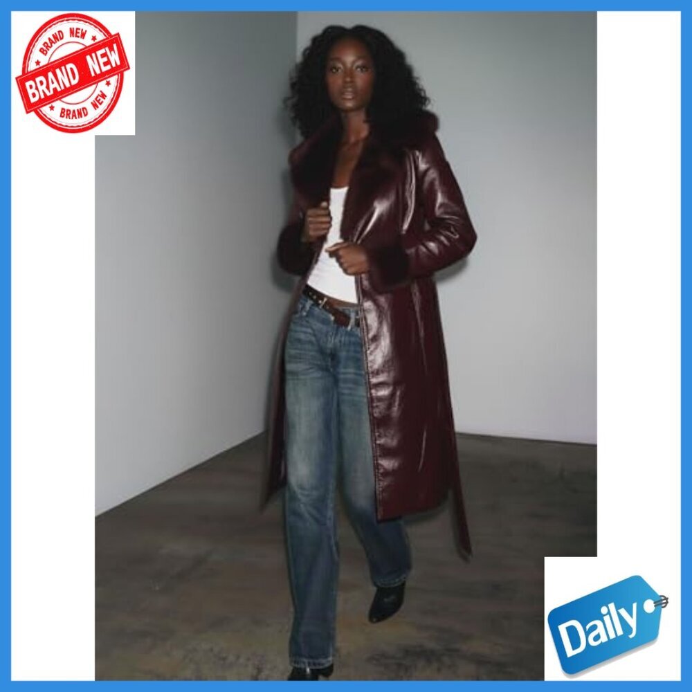 Leather Coat with Faux Fur Trim, Belted Long Overcoat, Slim Fit - Picture 7 of 7